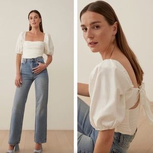 Reformation /  Women's White Puff Sleeves Barry Top Smocked Tie Back 6